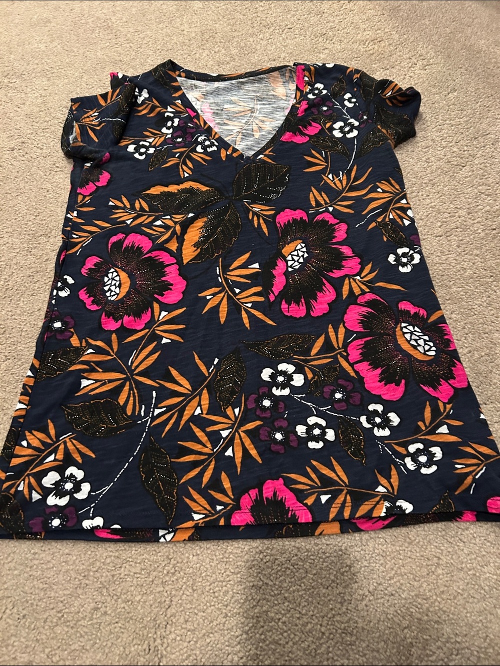 Women’s Navy Floral V-Neck Top with Pink & Tan Accents